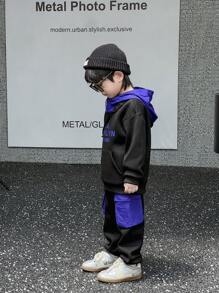 SHEIN 2pcs/Set Young Boys'' Casual Purple Contrast Color Letter Print Sweatshirt & Sweatpants Set, Street Fashion Style For Spring, Autumn, Winter - Multicolor - View 6