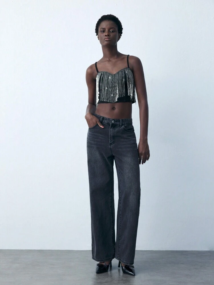 SHEIN Maija Women's Black Spaghetti Strap Tassel Accent Tank Top, Autumn