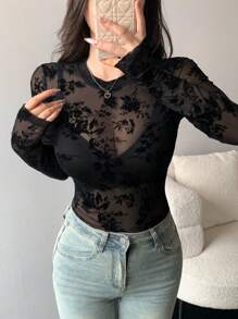 DAZY Women's Fitted Sheer Lace Crew Neck Pullover Top Going Out Tops Long Sleeve Women Tops,Fall Women Clothes