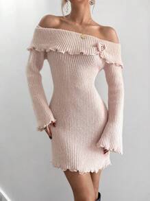 Chiquease Đầm suông dài tay đơn giản trễ vai màu trơn đơn giản - Màu Khaki - Xem 3