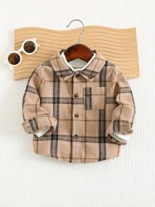 Cozy Pixies Áo sơ mi dài tay cổ kẻ caro thường ngày cho bé trai, quần áo mùa thu - Màu Khaki - Xem 5