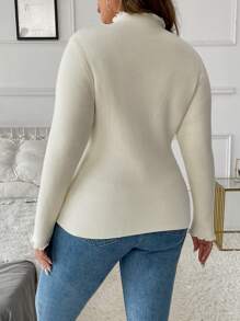 SHEIN Unity Plus Size Solid Color Lettuce Trim Long Sleeve Simple Casual Thermal Top Knit Pullover Fall Winter - Beige - View 2