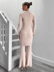 Chiquease Women Stand Collar Slit Hem Fitted Sweater And Flared Pants 2-Piece Set Fall Cloth For Women - Beige - View 2