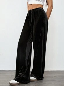 SHEIN EZwear 女士秋冬季复古休闲黑色天鹅绒阔腿裤 - 黑色 - 查看 4