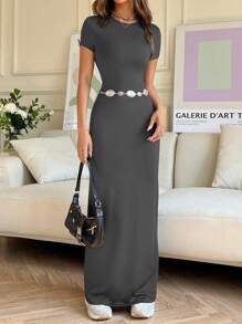 SHEIN EZwear Women Solid Color Round Neck Short Sleeve Maxi Elegant Bodycon Dress, Summer - Grey - View 3