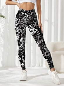 SHEIN Yoga Floral 女式花卉印花高腰休闲健身运动紧身裤瑜伽裤 - 黑與白 - 查看 4