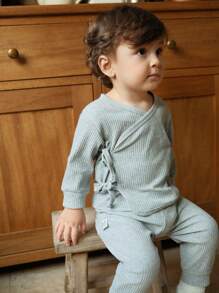 SHEIN 2pcs Baby Boys/Girls Classic Solid Color Cardigan Tie Long Sleeve Top + Solid Color Waistband Free Gray Pants Set, Spring/Fall