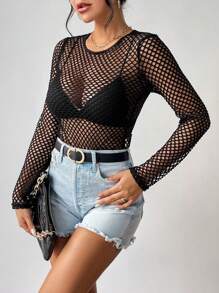 Allurite Hollow Out Fishnet Mesh Top Without Bra Fall Cloth For Women - Black - View 3