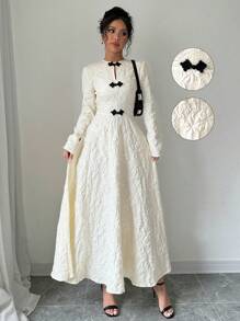 Selianne 优雅提花纽扣前开襟连衣裙，适合春秋季女装 - 杏色 - 查看 1