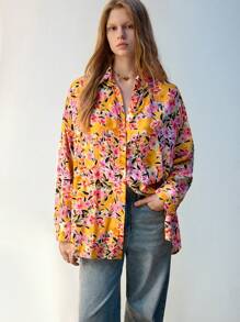 Maija Women Versatile Casual Vacation Yellow Floral Print Long Sleeve Button Up Shirt, All Seasons - Multicolor - View 3