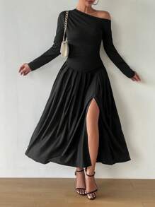 Chiquease Women Elegant Figure-Hugging Flared Asymmetrical Neck Bodycon Dress Fall Cloth For Women - Black - View 5