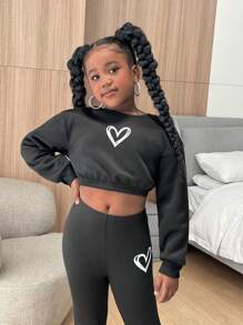 SHEIN Tween Girl 2 件套 Tween Girls 针织圆领运动衫和高弹力紧身裤套装 - 黑色 - 查看 8