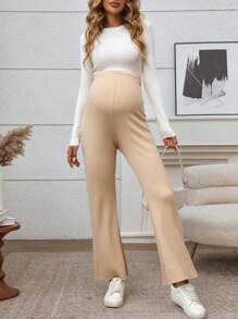 SHEIN Maternity Solid Color Button Rib Knit Casual Pants