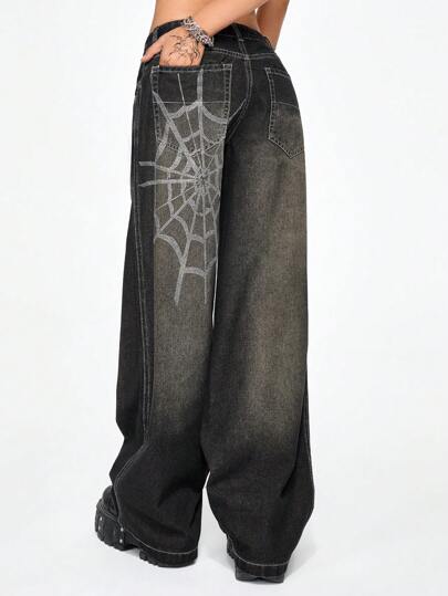 Grunge Punk Relaxed Fit Grunge Style Distressed Vintage Extra Loose Rhinestone Spiderweb Women Boy Friend Low Waist Jeans