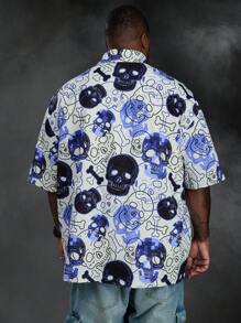 Manfinity VCAY Plus Size Men's Loose Fit Woven Skull Printed Short Sleeve Shirt - Multicolor - View 4