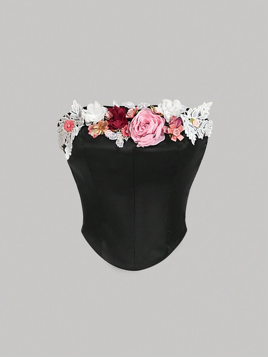 Aveloria Rosie Chic Cropped Black Halter Top With Colorful 3D Floral Decor At Neckline, Versatile Design