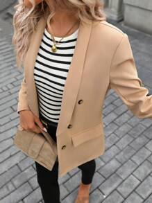 SHEIN LUNE Blazer Wanita Kerah Syal Kancing Ganda Musim Gugur/Dingin - Khaki - View 5