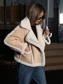 Aveloria 女士新款蓬松内衬摩托车夹克宽松休闲加厚风衣学院风短外套