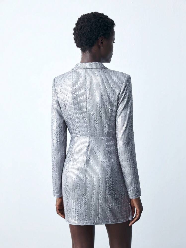 SHEIN Maija Women's Spring Autumn Silver V-Neck Long Sleeve Ruched Sequin Party Mini Dress