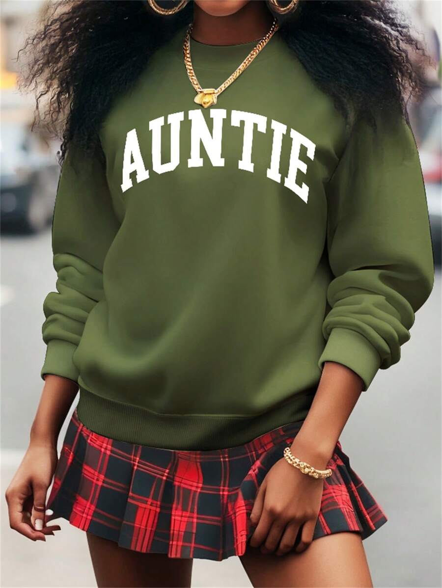 SHEIN LUNE 阿姨印花字母纯色女式休闲圆领运动衫，秋冬，长袖上衣 - 橄欖綠 - 查看 1