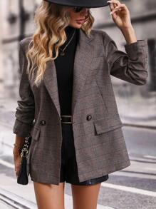 SHEIN Clasi Plaid Print Double Button Blazer - Brown - View 6
