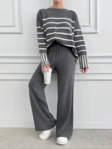 EURMUSE Women Stripe Pattern Round Neck Drop Shoulder Pullover & Sweater Pants Set - Grey - View 1