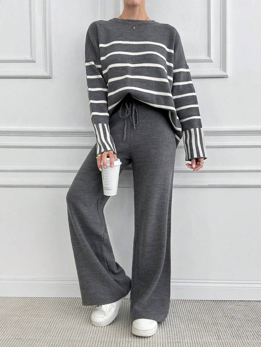 EURMUSE Women Stripe Pattern Round Neck Drop Shoulder Pullover & Sweater Pants Set - Grey - View 1