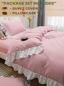 3pcs Kids/Dorm Bedding Set, Includes Duvet Cover & Pillowcase, Pink Floral Ruffled