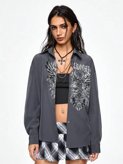 Grunge Punk Vintage Punk Stil Damen Bluse mit weiter Passform, Flügeln und Strass Verzierung