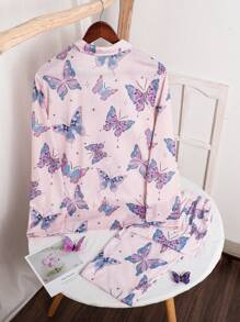 2 件套女童青少年简约彩色蝴蝶印花长裤和开衫休闲家居服套装