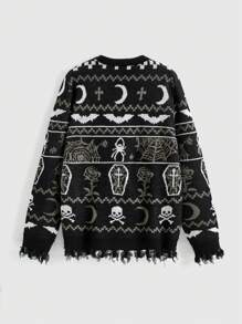 ROMWE Christmas Oversized Bat & Skeleton Gothic Pattern Women Sweater - Black and White - View 2