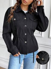 Chiquease Women's Solid Color Drop Shoulder Long Sleeve Loose Drawstring Jacket, Spring Autumn Fall Cloth For Women - Black - View 1