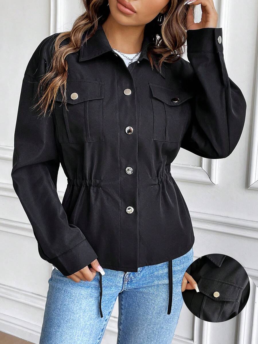 Chiquease Women's Solid Color Drop Shoulder Long Sleeve Loose Drawstring Jacket, Spring Autumn Fall Cloth For Women - Black - View 1