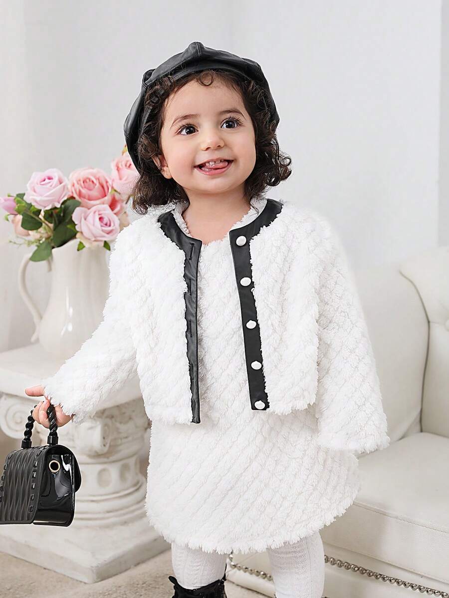 SHEIN 2 件套女婴拼色毛绒无袖连衣裙和夹克套装，秋冬 - 白色 - 查看 1