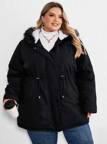 SHEIN CURVE+ Abrigo acolchado con capucha de color sólido y cordón a la cintura, talla grande, para invierno