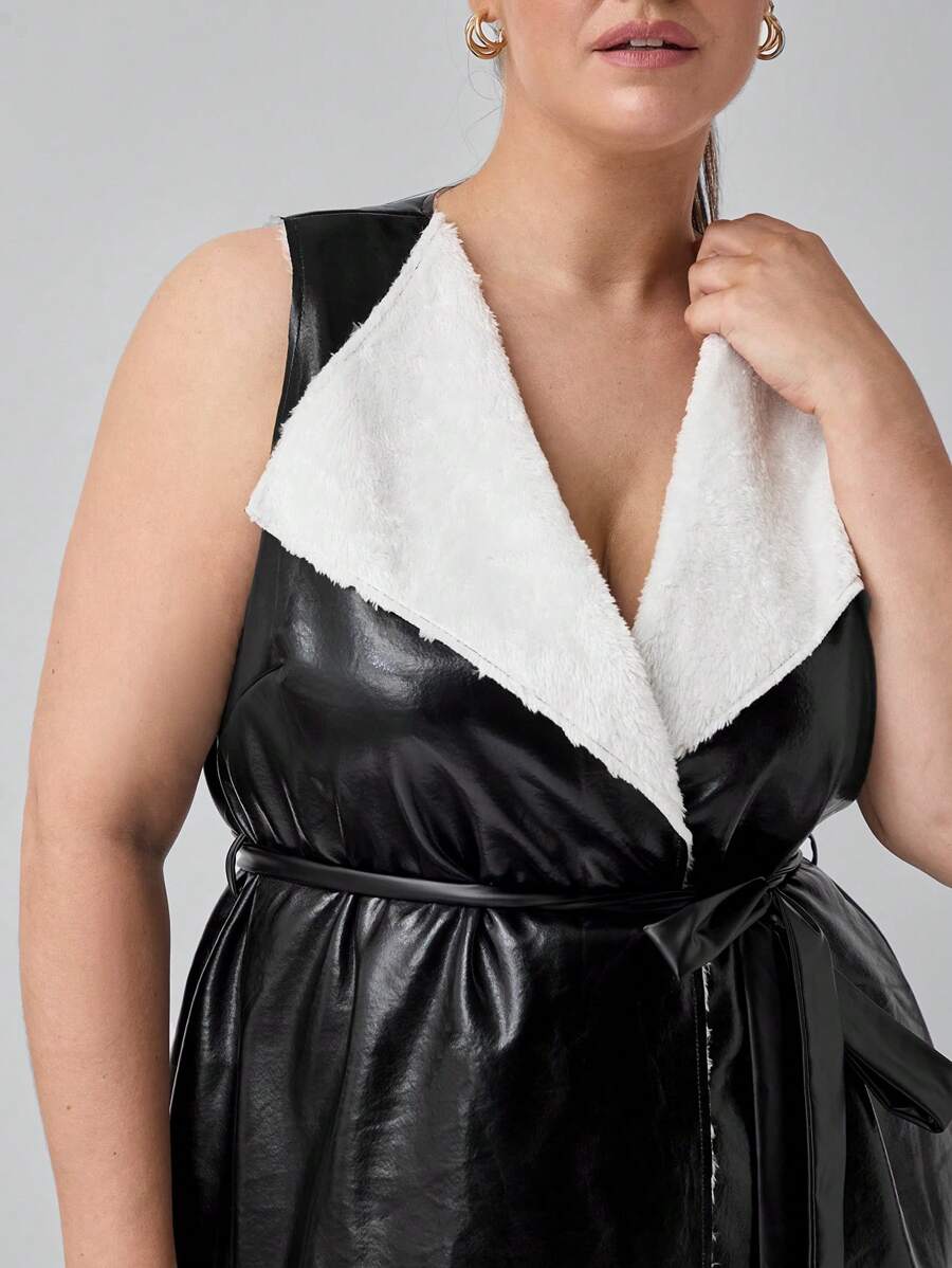 SHEIN Clasi Áo vest dài vừa có lót nhiệt cổ bẻ cỡ lớn có thắt lưng - màu đen - Xem 1
