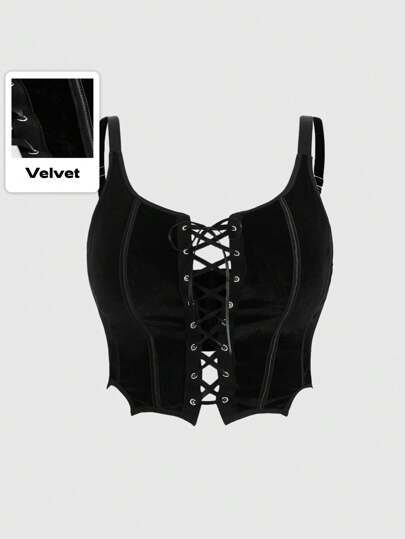 Goth Solid Lace Up Front Cami Top Graphic Tees Women Tops