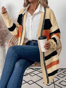 SHEIN LUNE Women's Loose Shawl Collar Striped Cardigan, Autumn & Winter Fall Cloth For Women - Multicolor - View 4
