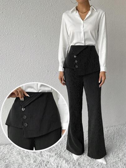 Modelyn Women's Simple Front Button Striped Casual Pants, Daily Wear