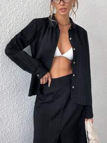 Aveloria Modichic French Elegant Versatile Textured Fabric Simple Shirt And Long Skirt 2-Piece Set, Autumn Fall Cloth For Women - Black - View 6