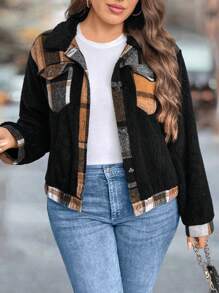 SHEIN LUNE Chaqueta de forro polar a cuadros de parche informal de talla grande, otoño e invierno