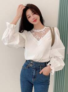 DAZY 长袖宽松女式衬衫，撞色蕾丝细节，荷叶边，秋季服装 - 白色 - 查看 3