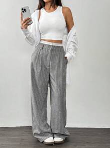 SHEIN EZwear Grey Woven Women's Striped Wide-Leg Pants - Grey - View 4