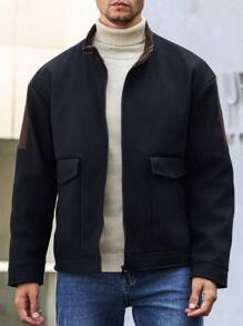 Manfinity Homme Men Solid Color Splicing Front Zipper Long Sleeve Casual Sweater - Black - View 5