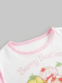Strawberry Shortcake | ROMWE 女士休闲卡通人物与字母印花拼色波尔卡圆点短袖修身 T 恤，夏季 - 白色 - 查看 4