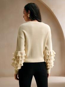 Anewsta 女士新款优雅花卉装饰毛衣，长袖圆领设计