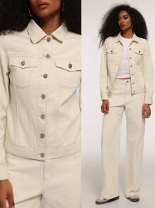 Forever 21 Fall&Winter Beige/Loose/Simple/Basic/Nashville/Halloween/Long Sleeve Christmas Homecoming Western Concert Thanksgiving Button Up Women Denim Jacket - Khaki - View 2