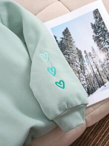 SHEIN Teen Girl's Casual Oversized Sweatshirt With Sweet Heart Embroidery, Gray-Green,In Fall/Winter - Green - View 4