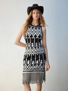 Maija Women's Western-Style Crew Neck All-Over Print Fringe Hem Sleeveless Sweater Dress, Autumn & Winter