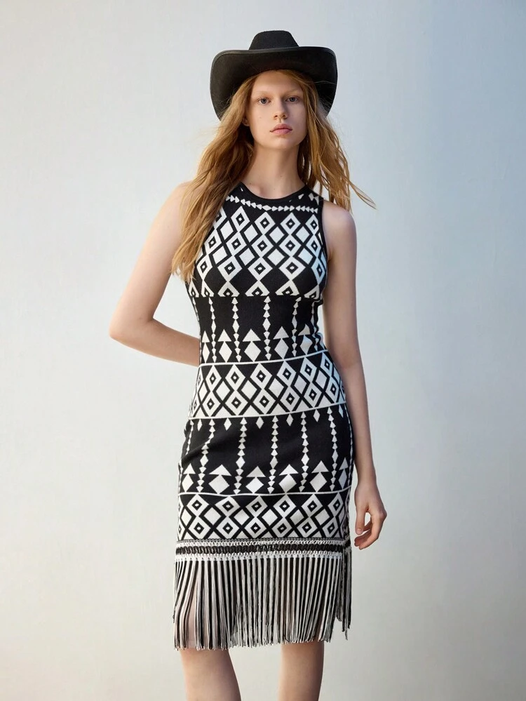 SHEIN Maija 女性用 クルーネック オールオーバープリント フリンジヘム ノースリーブ セーターワンピース、秋冬向け